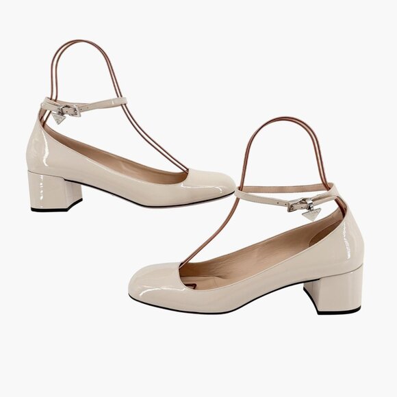 Prada Decolette Triangle Logo Mary Jane Pumps Size 40 US 10 Beige White Low Heel - Picture 8 of 14